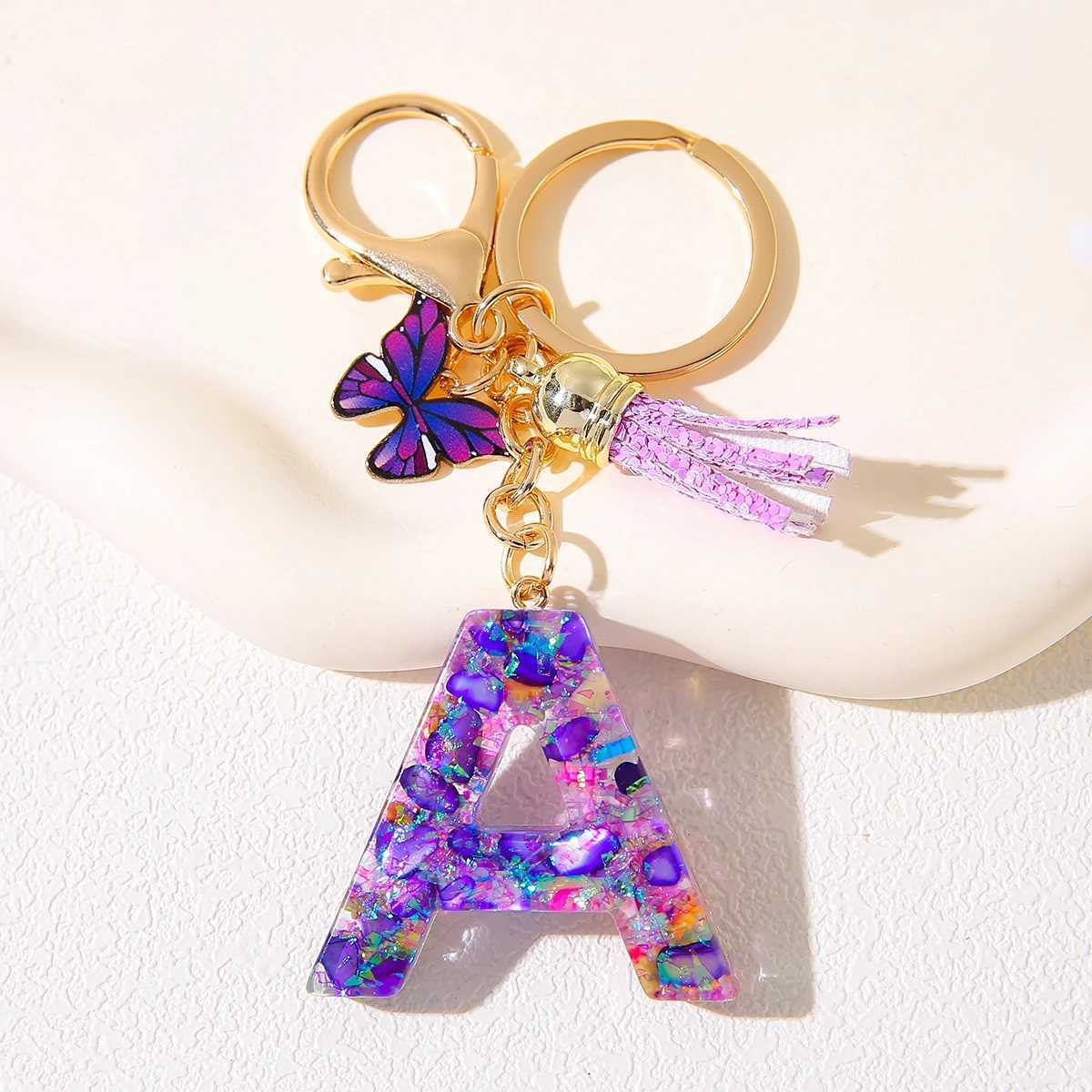 Alphabet Initial Keychain With Purple Charm And Tassel Resin Letter Pendant Alloy Lobster Clasp Womens Backpack AccessoryX240919