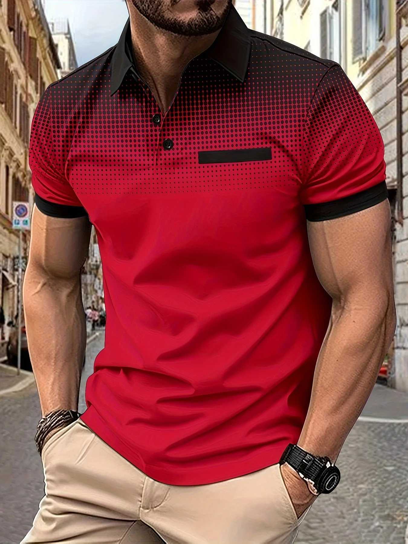 Mens Stylish Gradient Color Short Sleeve Shirt - Lapel Collar 1/4 Button Closure Simple Print Polo ShirtX240920