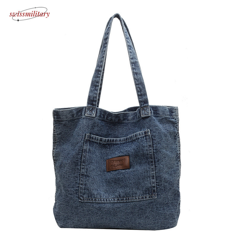 Korean Dongdaemun Lazy Denim 2024 New Emed Letter Texture Single Shoulder Tote Bag #25 Swissmilitary