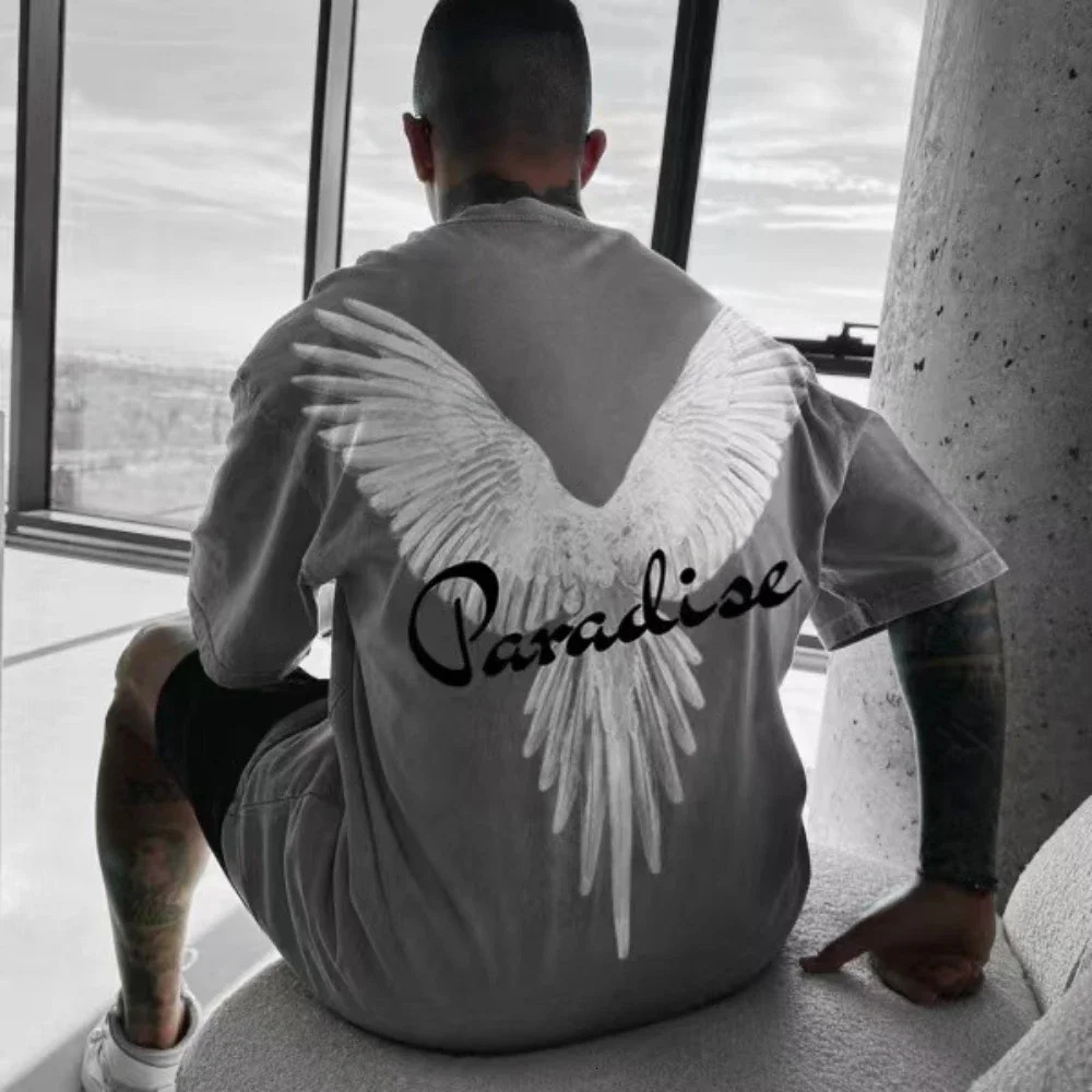Summer Hot Selg Trendy Men's Loose Fitting T-shirt Money Angel Print Short Sleeved Muscular Round Neck Pure Cotton Top