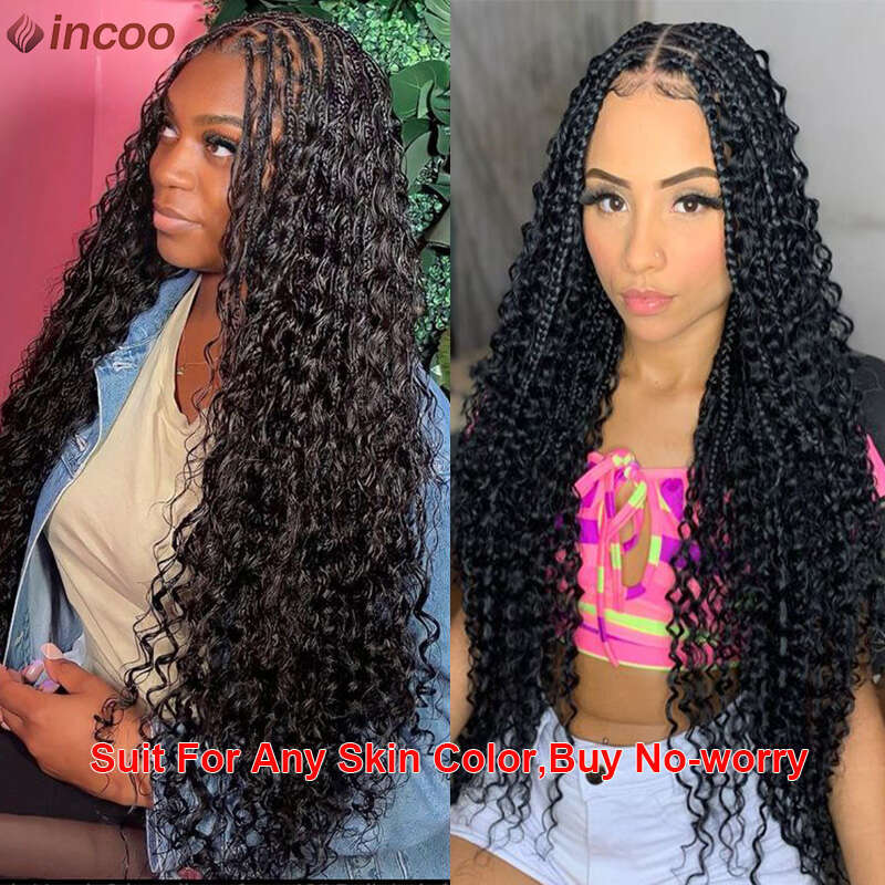 Long 32 Boho Braided Full Lace Front 613 Blonde Curly Goddess Locs Wigs Pre Plucked With Baby Hair Synthetic Box Braids Wig
