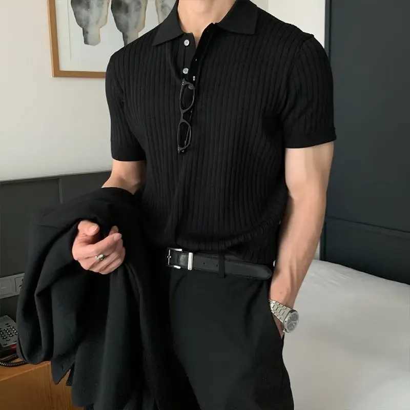Summer Mens Retro Knitting Lapel Stripe POLO Shirt Solid Color Thin Cozy Short Sleeve T-ShirtX240920