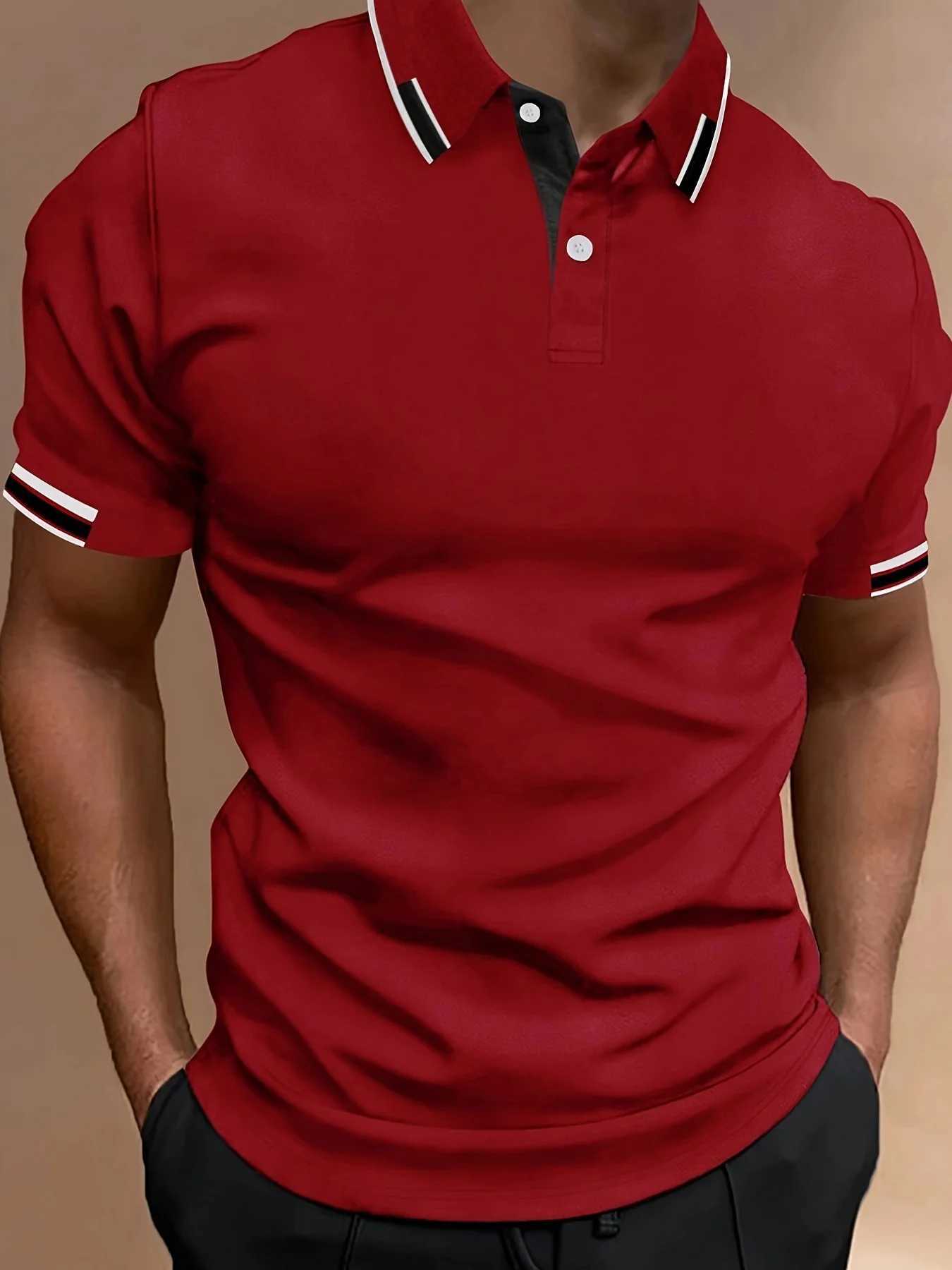 Mens Contrast Binding Short Sleeve Golf Polo Shirt Male Tops For Summer Outdoor Business Casual Short Sleeve Button Polo TshirtX240920