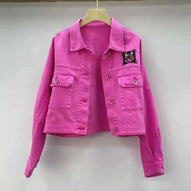 2023 Spring Autumn Period New Rose Red Printed Denim Jacket Ladies European Fashion Age-reducing Women Denim Short Coats TopsX240920