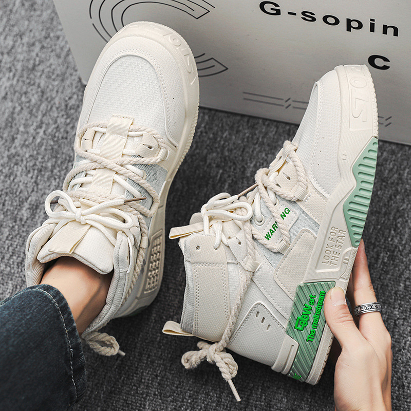 Autumn and winter casual sports shoes. Korean version of niche hemp rope thick soled trendy mid top board shoes