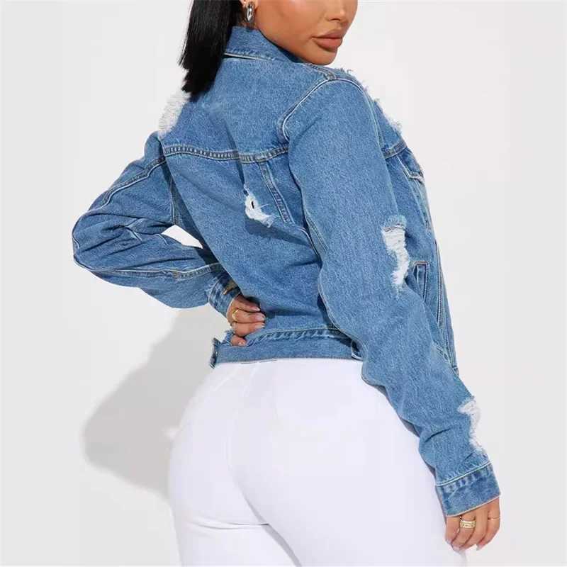 Women Fashion Broken Holes Denim Jacket Casual Vintage Single-breasted Cardigan Coat Autumn Winter Daily Casual Female OuterwearX240920
