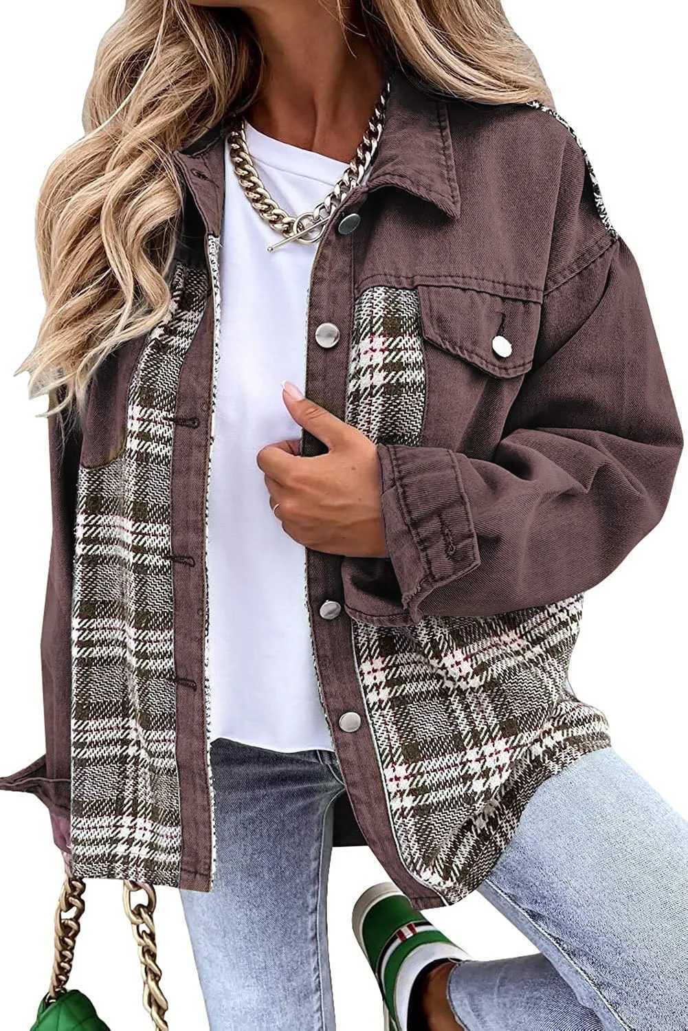 Womens Denim Jacket Long Sleeve Jean Top Plaid Button Down Shacket Jacket FashionX240920