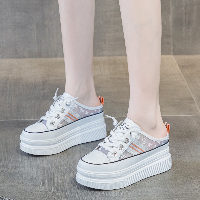 Little White Summer Breathable Inner Elevated Women's Shoes 8cm Genuine Leather Thick Sole Matsutake Casual Mesh Half Slippers