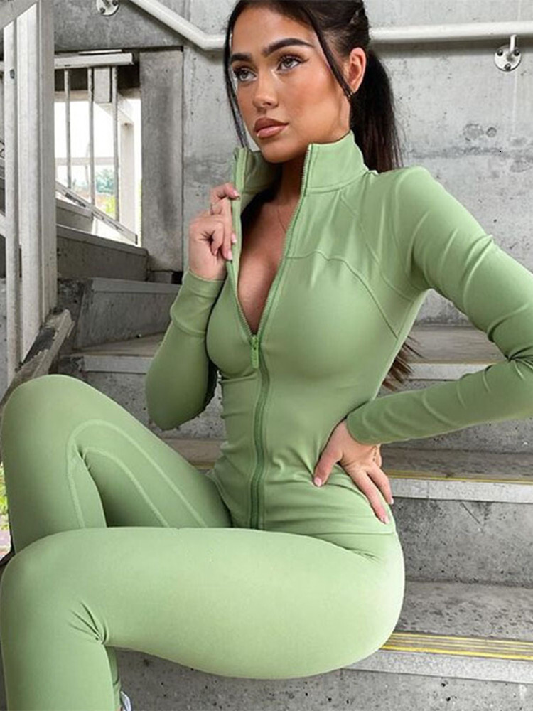 Solid 2 Pieces Set Outfits Women Zipper Tracuits Running Fiess Sports Wear Long Sleeve Pants Slim Body Suits Woman Clothing