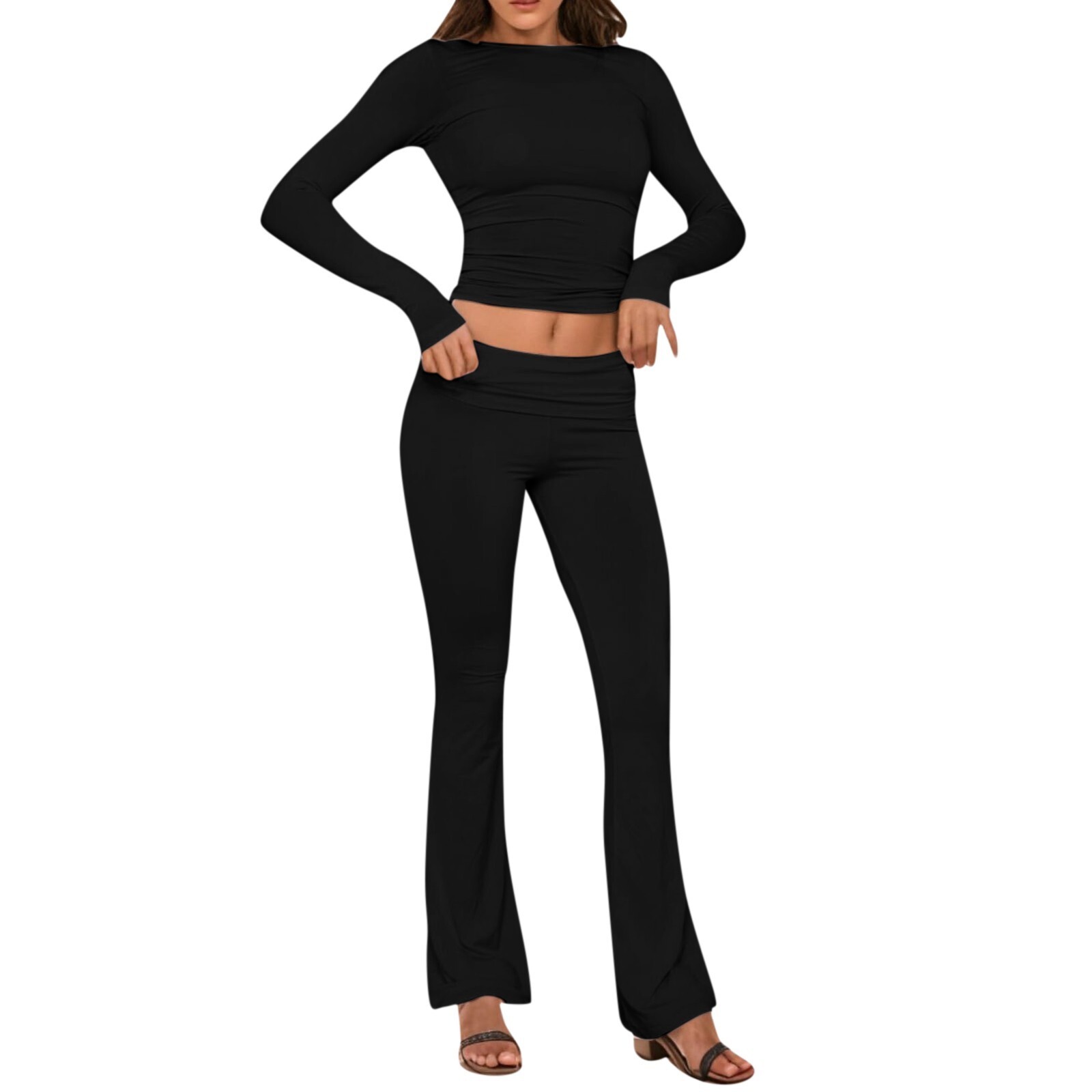 Women's Yoga Sets Crew Neck Long Sleeve Crop Tee And Low Rise Flare Pants Tracuit Slim Fit Two Piece Outfits