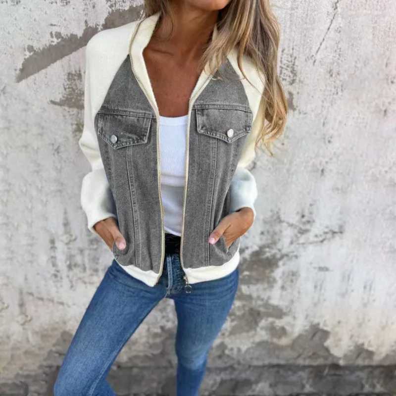 Women Autumn Winter Denim Stitching Jackets Ladies Casual Long Sleeve Zipper Outerwears CoatsX240920
