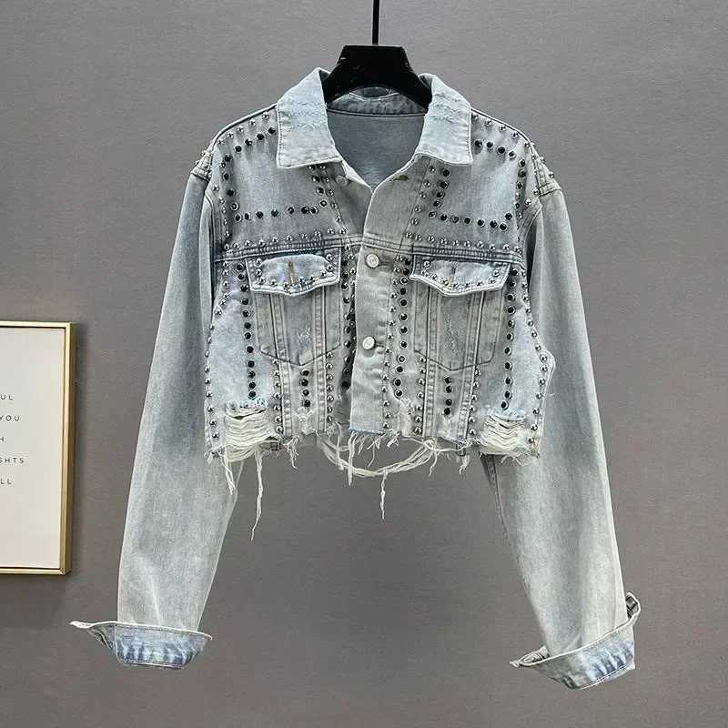 Denim Jackets with Heavy-duty Rivets Distressed Look and Beaded Nailhead Embellishments Fashionable JacketsX240920