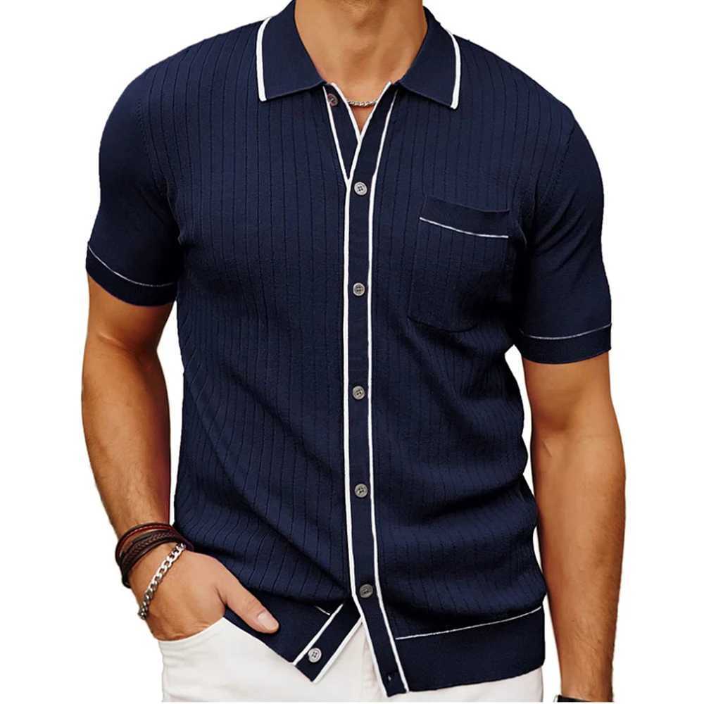 Mens Luxury Knitted Short Sleeve Polo Shirt Casual Patchwork Lapel Button-down Fashion Knitwear Summer Clothing 2024 NewX240920