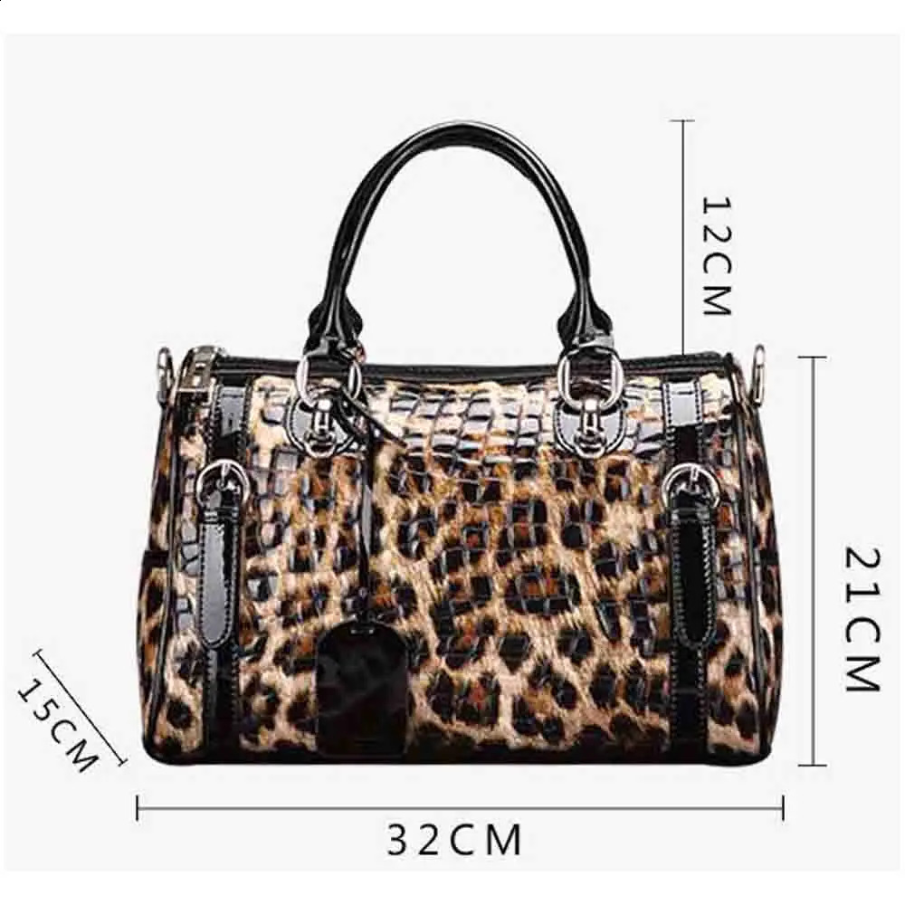 Leopard Print Patent Handbag Genuine Leather Boston Crossbody Pack For Women Large Capacity Female Tote Shoulder Bag 240913