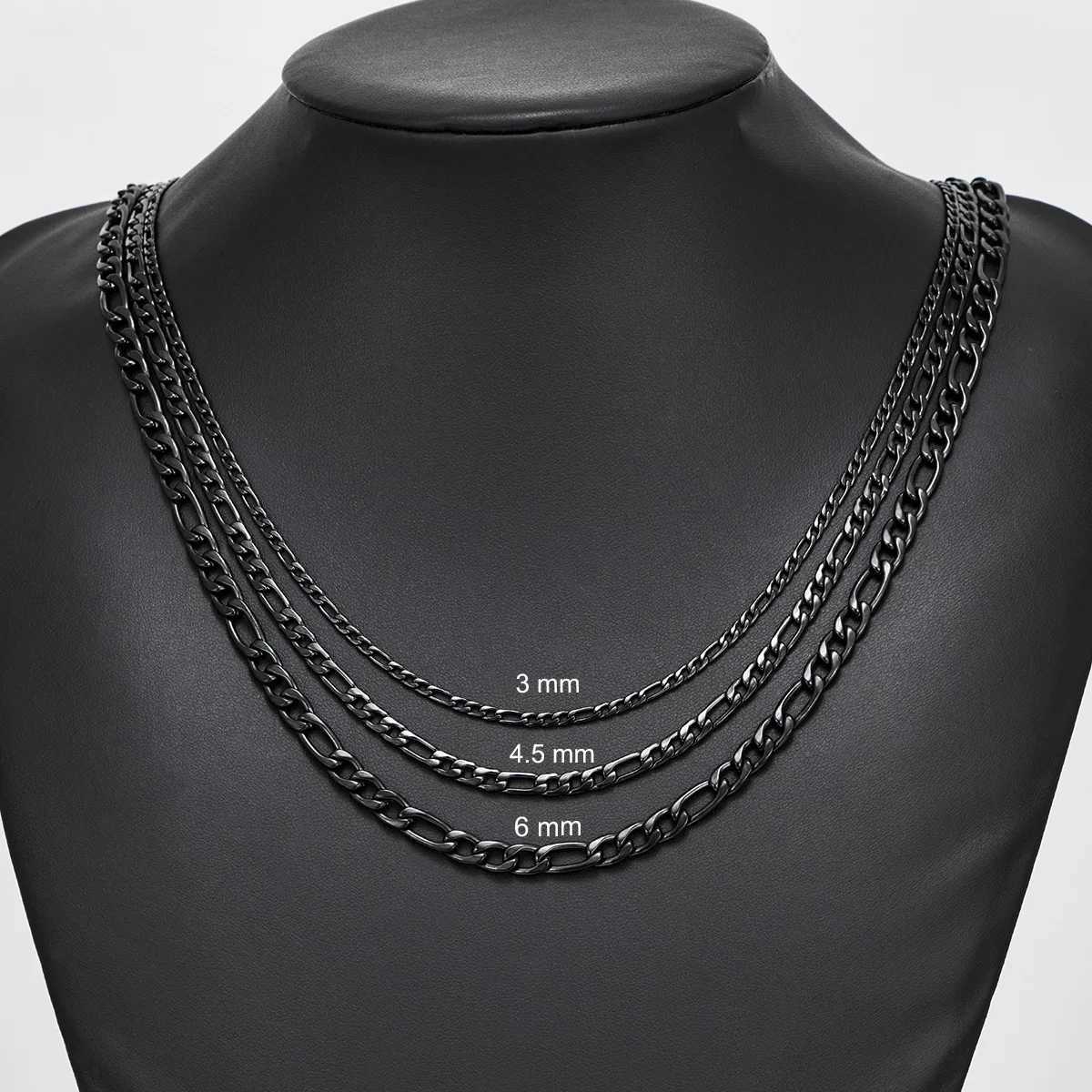 Thickness 3mm/4.5mm/6mm Black Color Figaro Chain Stainless Steel Link Classic Necklace for Men Women Jewelry 16 to 40 InchesX240919