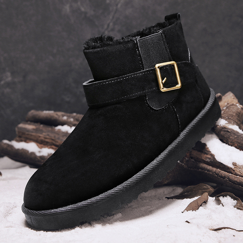 Winter high top plush snow boots northeast wearing, casual buckle cotton for men, suede Korean version solid color bread shoes