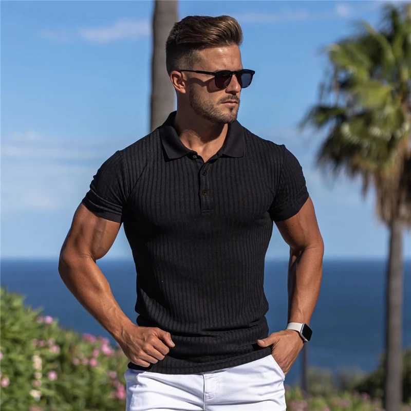 Men Short Sleeve Knitted Polo Shirt Fitness Slim Fit Black Strips Polo T-shirt Male Brand Gym Tees Tops Summer Fashion ClothingXJ240920