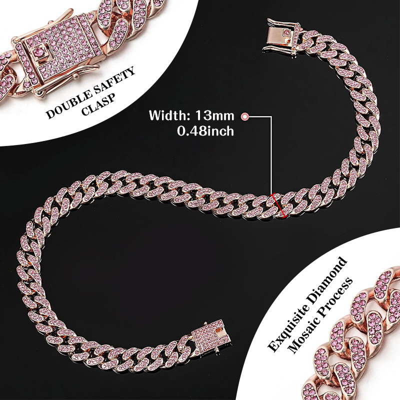 Personalized Pink Diamond Cuban Collar with Design Secure Buckle Dog Collars Gold Chain Pet Necklace for Small Medium Dogs Cat