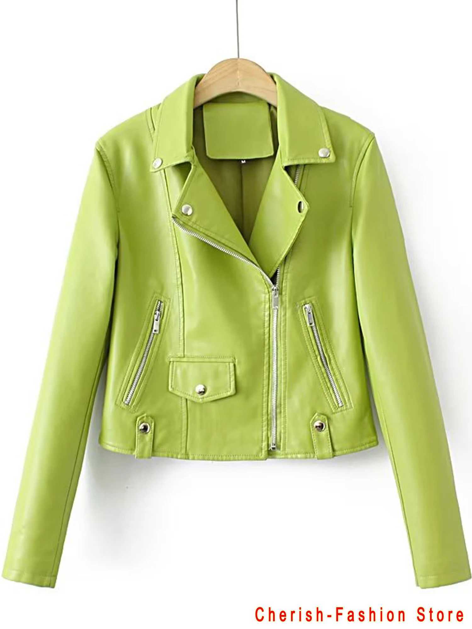 Fashion Green Gecko Biker Leather Jacket Long Sleeve Zipper Colored Stylish Outerwear for Women Fashion 2023 Faux Leather JacketX240919