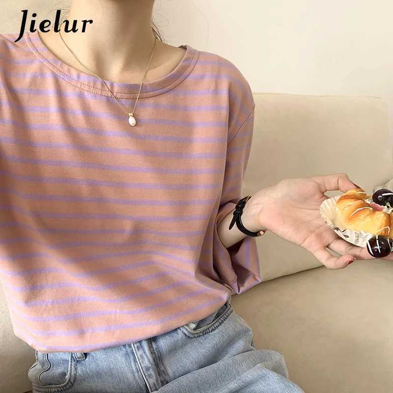 Jielur Korean Fashion Striped T-shirt Autumn Long Sleeve Womens Top Loose Casual Cotton T-shirt Female Blue Orange S-XL M240920