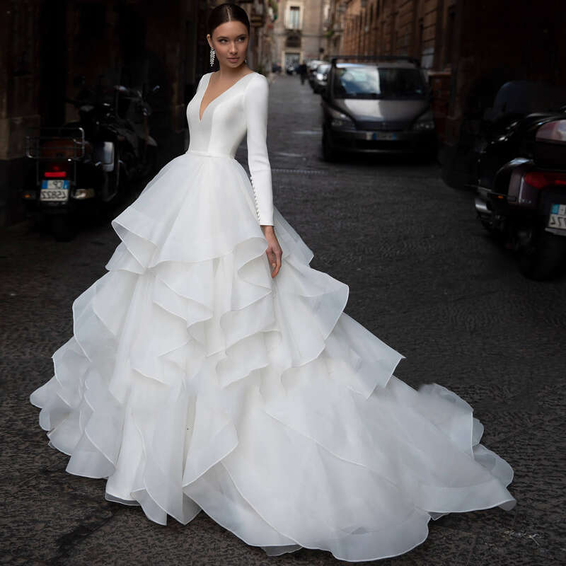 Simple A E Wedding Dresses Multilayered Ruffles Long Sleeves Bridal Gowns Custom Made V Neck Button Vestido De Novia