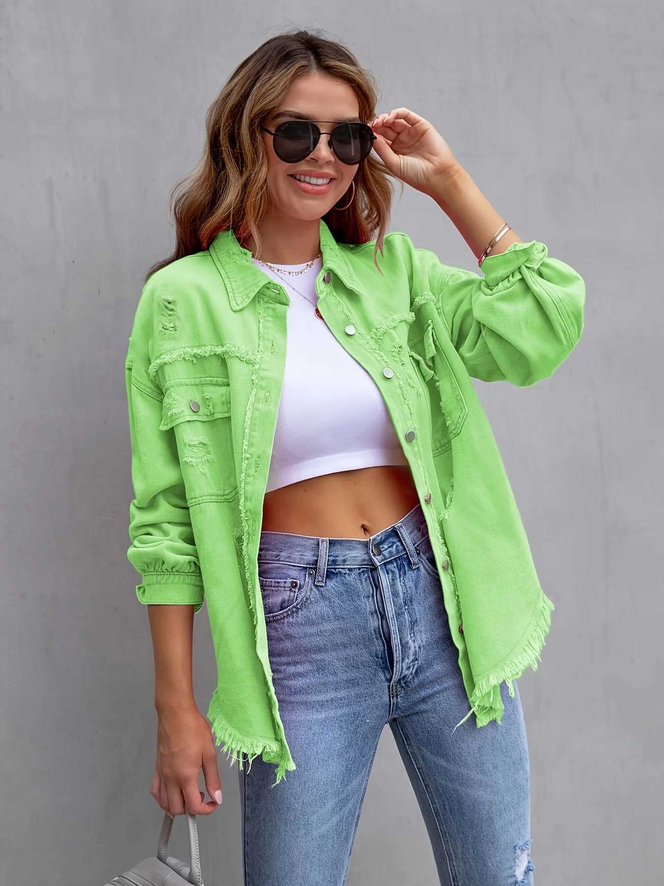 Women Denim Coat Turn Down Collar Long Sleeve Holes Jackets Single Breasted Button Cardigan Outerwear Pockets Solid SpringX240920