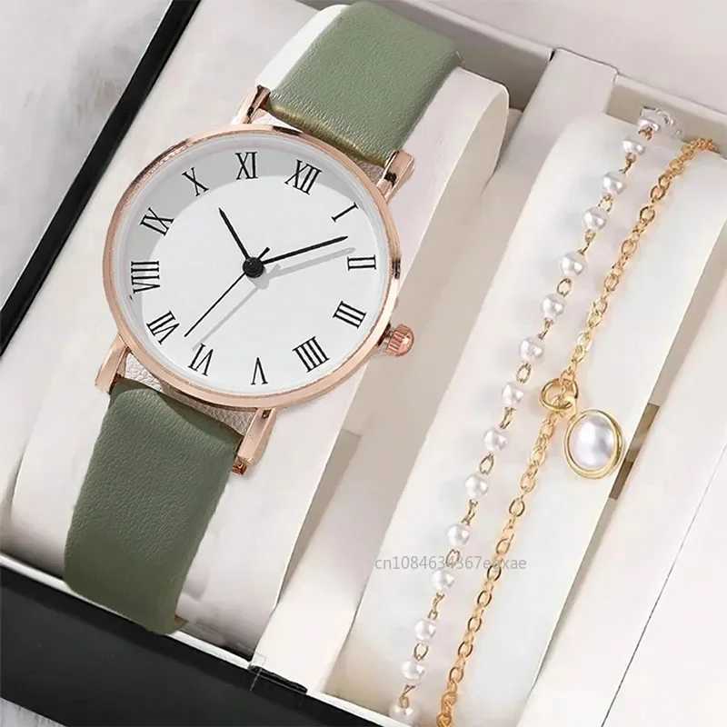 2/1Pcs Fashion Women Leather Strap Quartz Watch Elegant Pearl Bracelet Fashion Wristwatch Casual Ladies Watches Bracelet SetX240920
