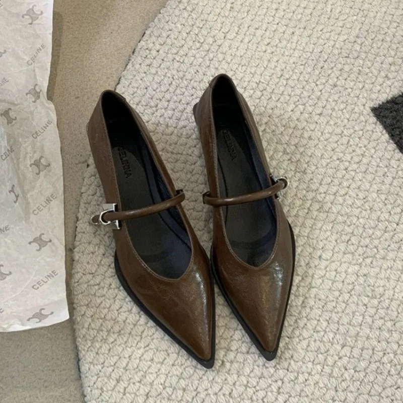 2024 vintage Pointed Single Womens Shoes Versatile One Line Strap casual thick boots light metal buckle low boots womens shoes 240919