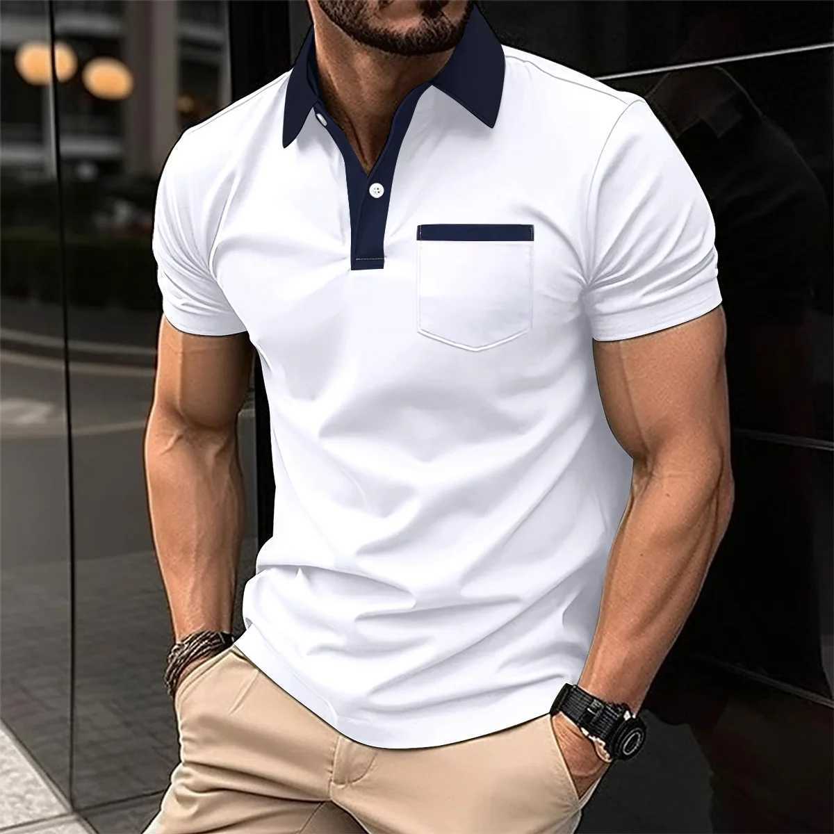 Mens Summer New T-shirt Short sleeved Lapel Solid Button Striped Polo T-shirt Fashion Casual TopX240920