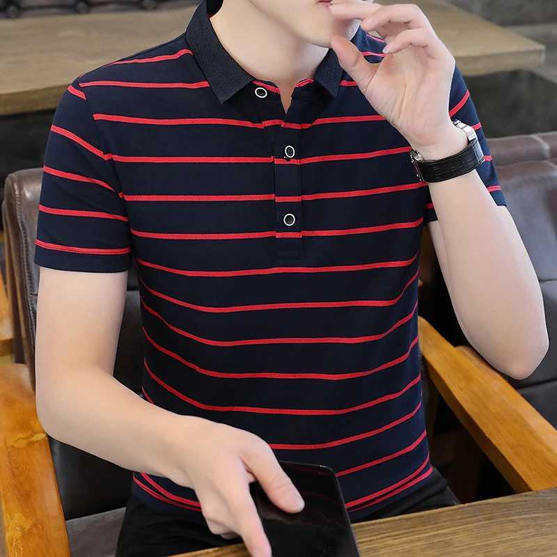 Basic Striped Short Sleeve Polo Shirts Mens Clothing Commute Casual Turn-down Collar Summer Contrasting Colors Slim T-shirtsX240920