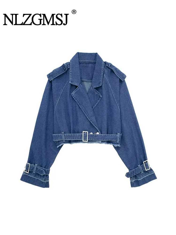 TRAF 2023 Spring Denim Cropped Trench Coat For Women Short Trench Coats Women Short Jackets Ladies Long Sleeve LooseX240920