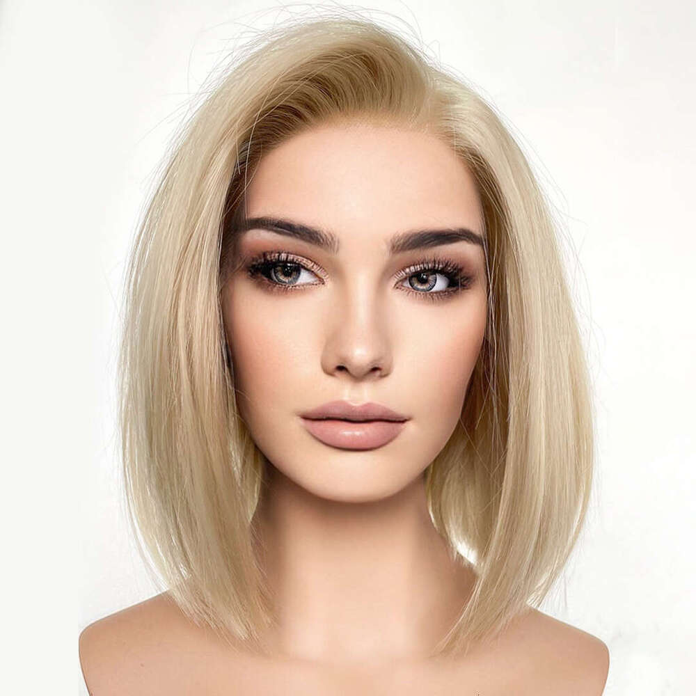 Sy Beauty Short Bob Champagne Blonde Silky Straight Front Synthetic Hair For Black Women Transparent Lace Wigs