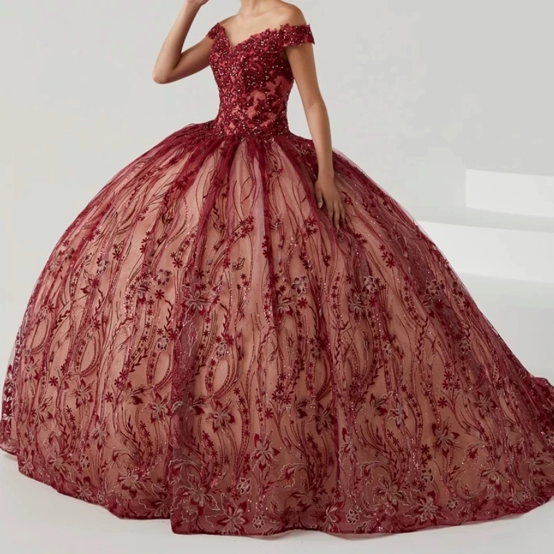 Red Quinceanera Dress 2025 Sparkly Beading Crystal Sequin Lace Tull Quinceanera XV Sweet 16 Ball Gown Vestidos De 15 Anos