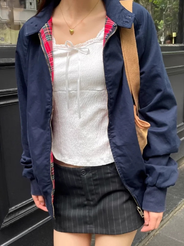 Streetwear Solid Vintage Jacket Woman Buttons Stand Collar Pocket Red Plaid Long Sleeve Parka Coat Autumn Fashion Y2k Jackets 240920