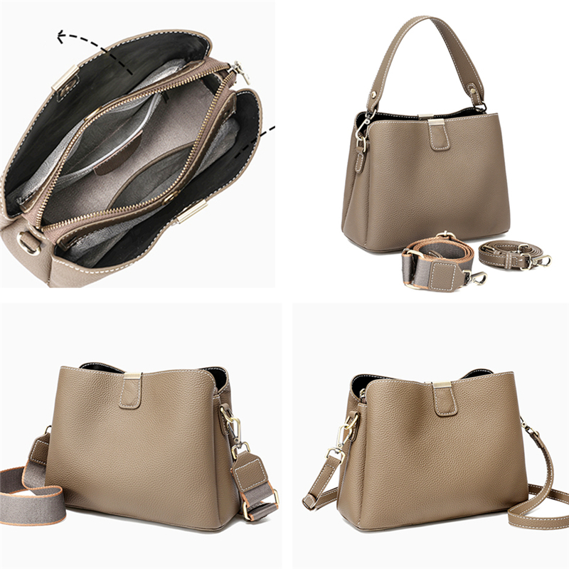 Hifashion Cowhide Genuine Leather Bucket Small Shoulder Crossbody For Women 2024 Trend Designer Wide Strap Tote Ladies Handbags