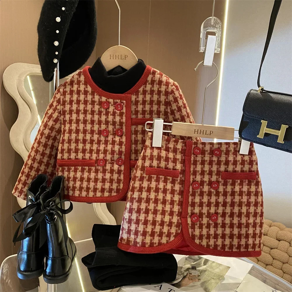 Girl 2 Piece Tweed Set Winter Suit Clothes for 1-10Years Childrens Cotton Padded Jacket CoatSkirt Kids Classic Outfits 240913