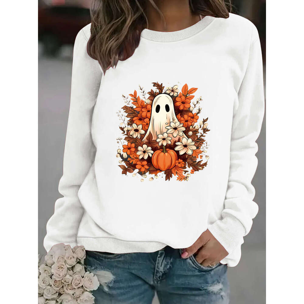 Hallowmas Autumn Winter Womens Casual Long Sleeved Round Neck Ghost and Floral Print Pullover Sweatshirt Womens Jacket Coats Designer Women Autumn Dre