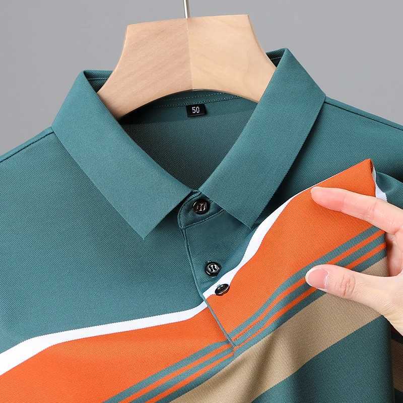 Luxury high-end ice silk breathable short-sleeved POLO shirt Mens 2023 summer fashion contrast stripe lapel T-shirt casual menX240920