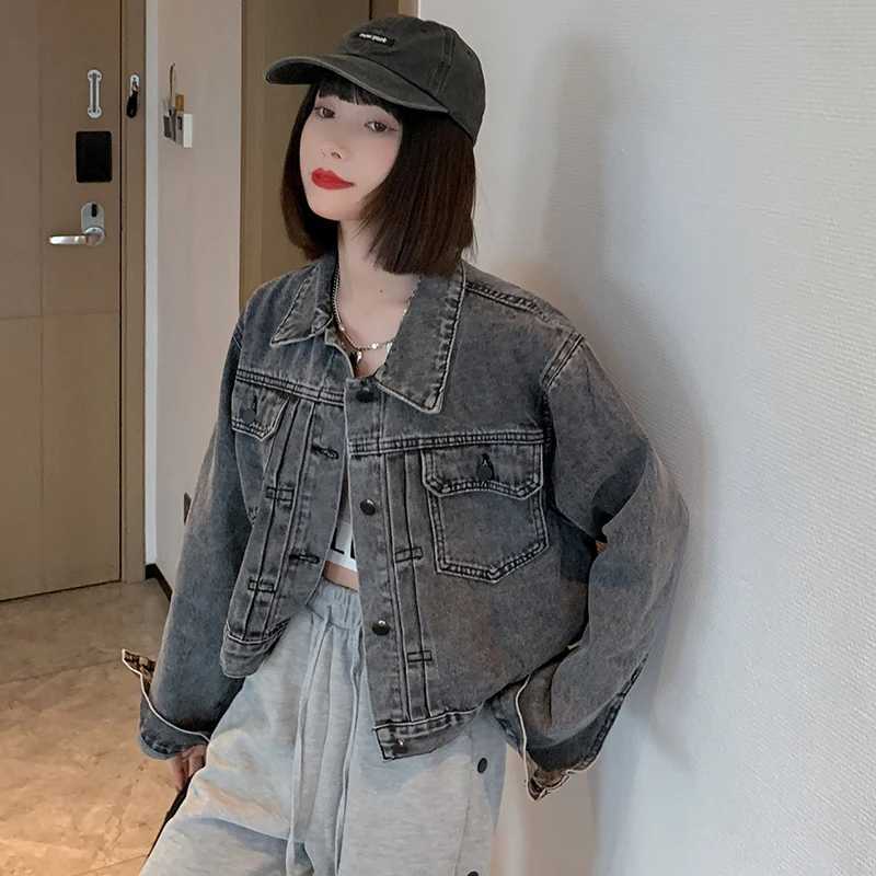 Vintage Washed Smoke Gray Short Jeans Jacket Women Lapel Single-breasted Casual Denim Cropped Outwear Autumn Clothes Female NewX240920