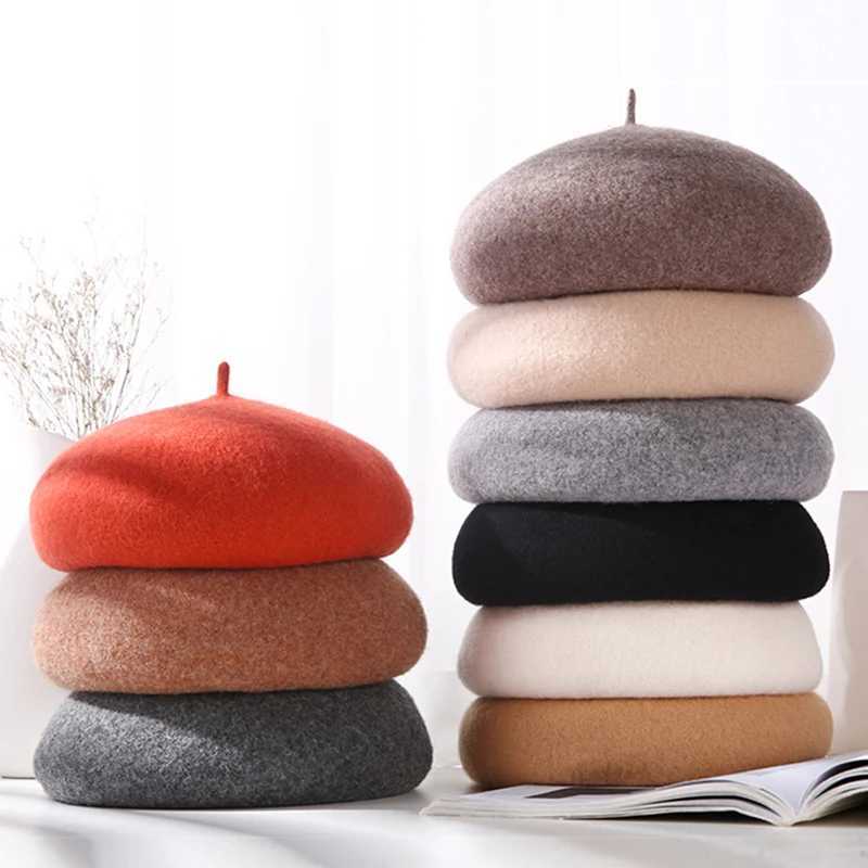 Winter Women Wool Berets French Artist Style Warm Beanie Hat Retro Beret Solid Color Elegant Lady All Matched Autumn CapsX240919