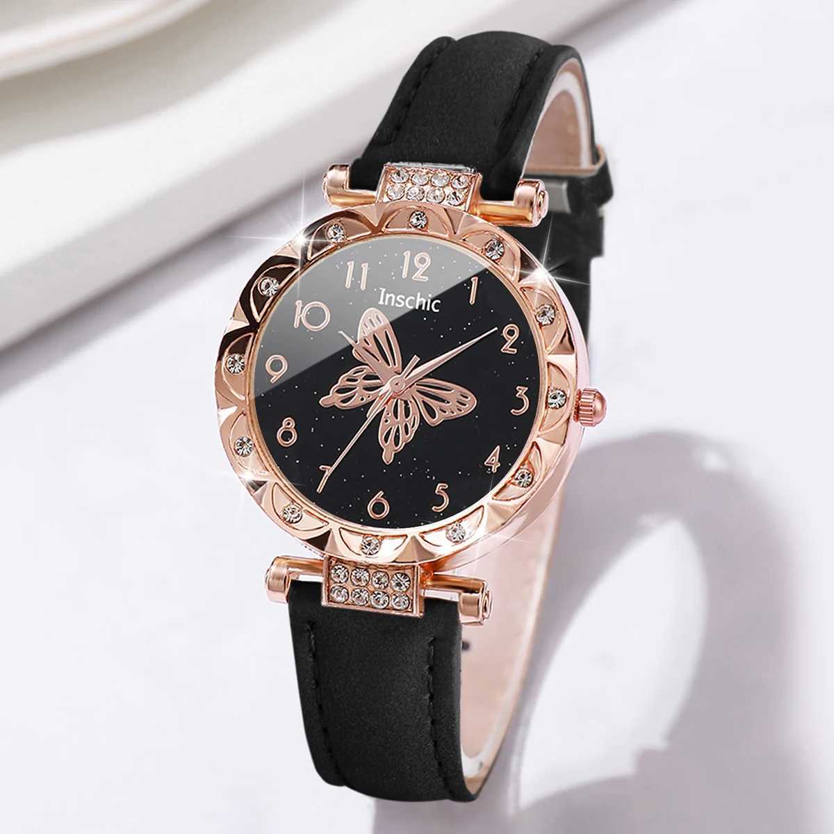 2PCs/Set Women Butterfly Dial Watch Black Pink Color Leather Strap Quartz WatchX240920