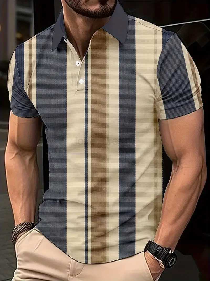 Mens Casual Fashion Summer Simplicity Short Sleeve 3D Printing Golf Polo Shirt Stripe Button Mens Short Sleeve Oversized TopsXJ240920