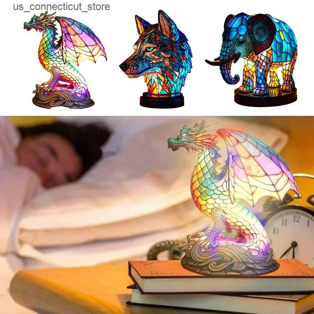 Novelty Lighting 3D Stained Glass Table Lamp Resin Animal Shape Night Light Elephant Wolf Dragon Desktop Ornaments Bedroom Atmosphere Light L240910
