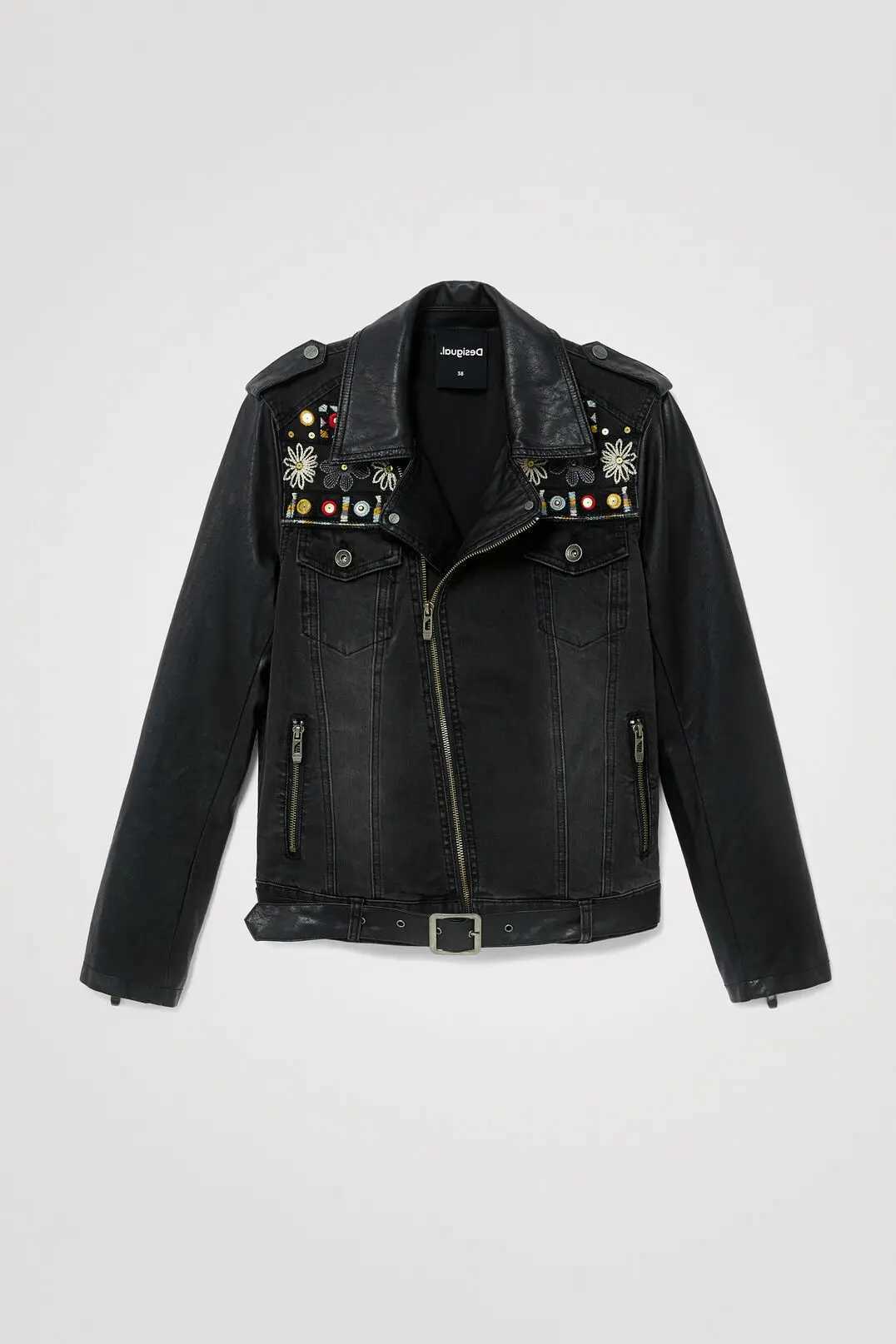 Embroidered stitching PU denim jacketX240920