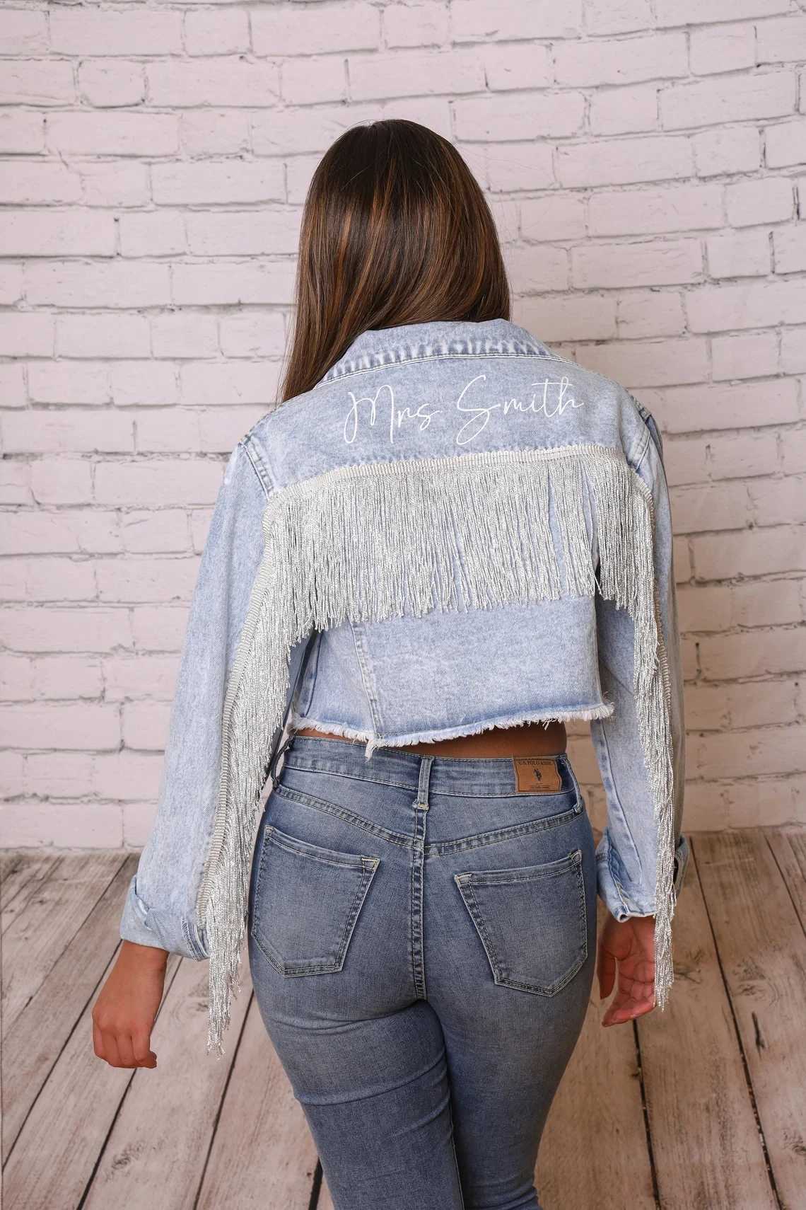 Denim Fringe Crop Jacket Bride Jean Mrs Personalized Wedding Bridal Engagement Gift Custom Bridal Party Jackets With TasselsX240920