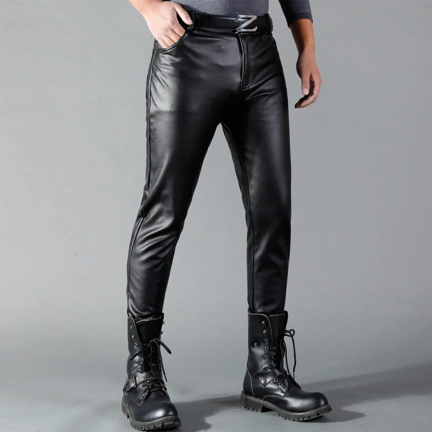 Mens leather pants slim fit elastic fashion PU cyclist nightclub party and dance thin 240913