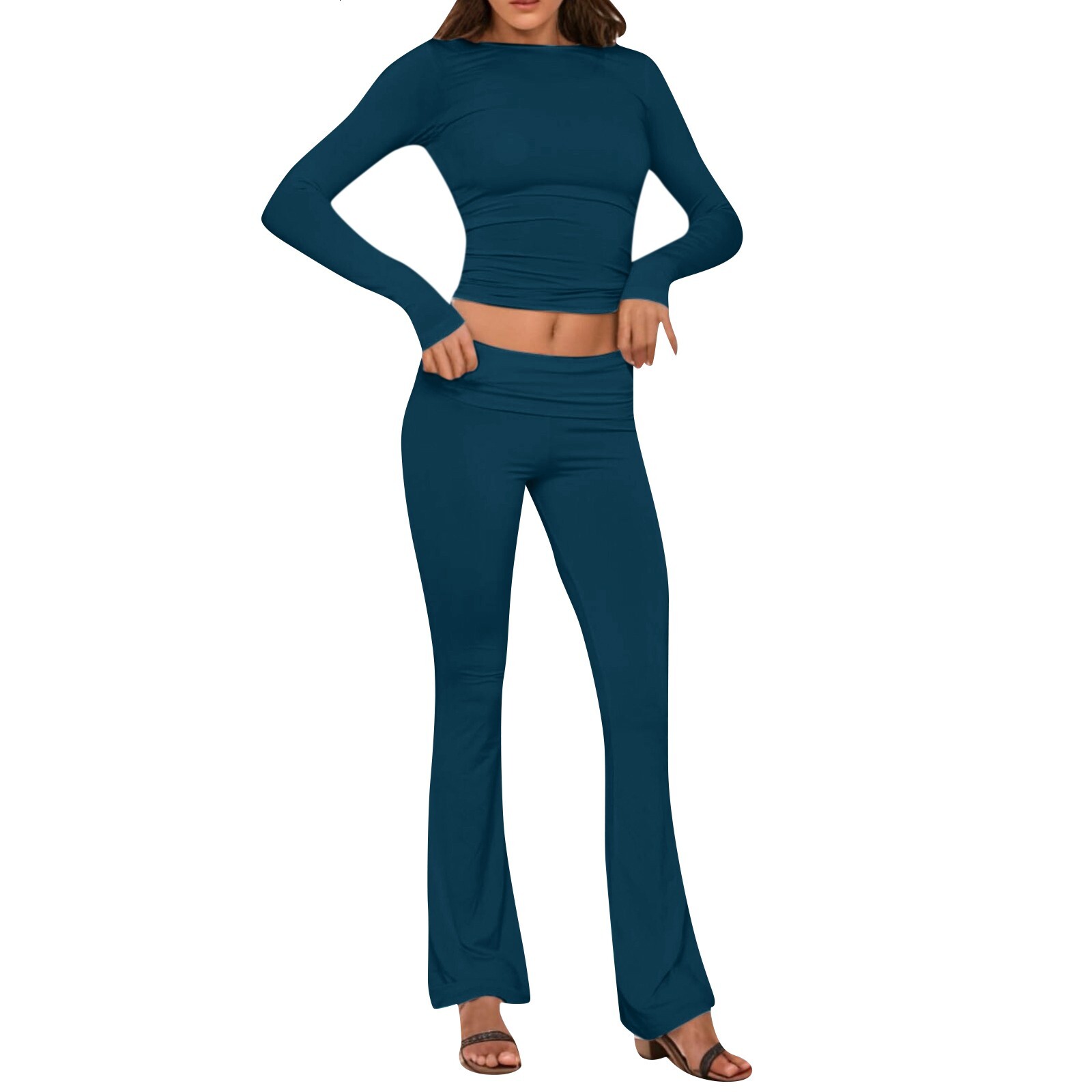 Women's Yoga Sets Crew Neck Long Sleeve Crop Tee And Low Rise Flare Pants Tracuit Slim Fit Two Piece Outfits