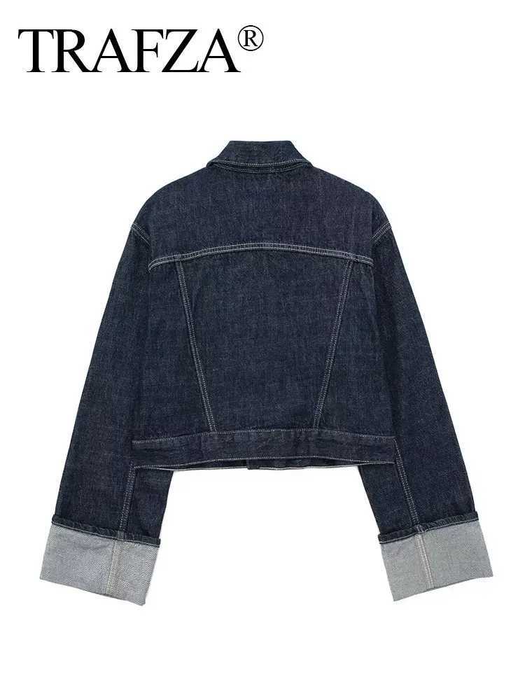 TRAFZA Women Vintage Denim Jacket Single Breasted Lapel Long Sleeve Coat With Pockets Dark Blue Denim Jacket Fashion High StreetX240920