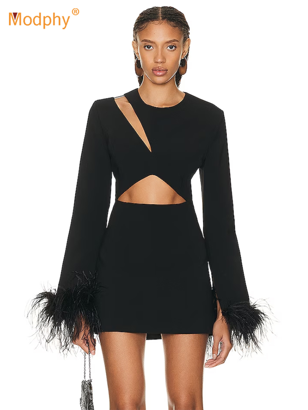 Modphy New Arrival Women Spring Autumn Sexy Long Sleeve Feather Black Mini Bandage 2024 Elegant Evening Club Party Dress