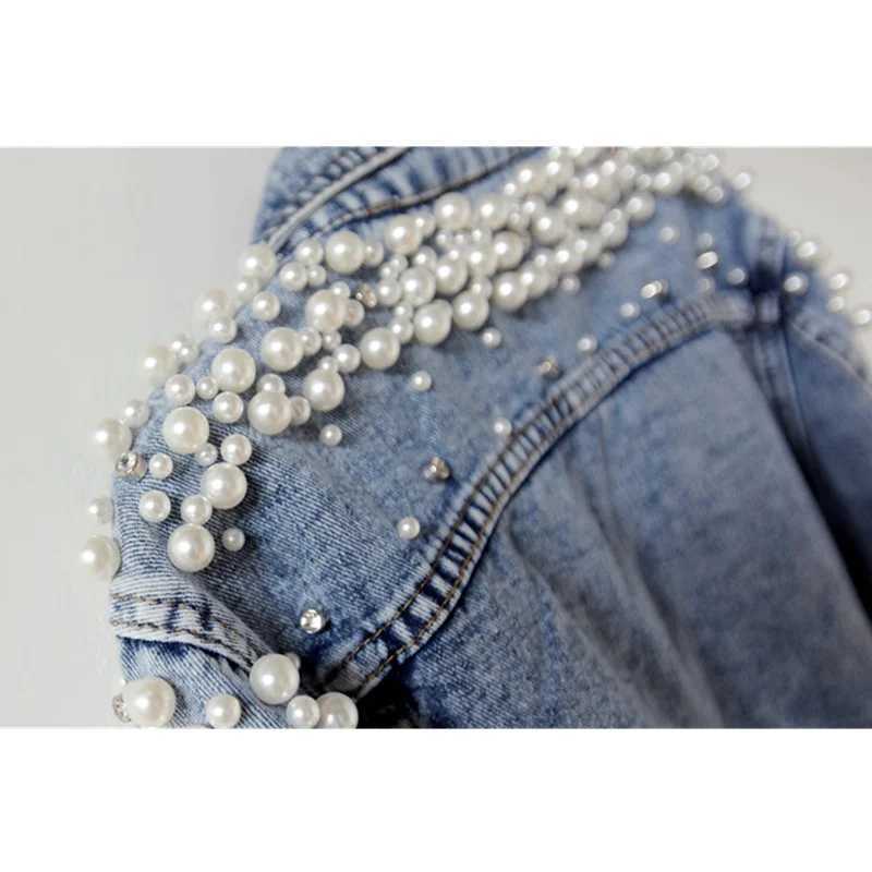 Womens Denim Jacket 2023 Spring Autumn Jeans Jacket Pearl Basic Coat Female Jeans Coats Long Sleeve Top Blue OuterwearX240920